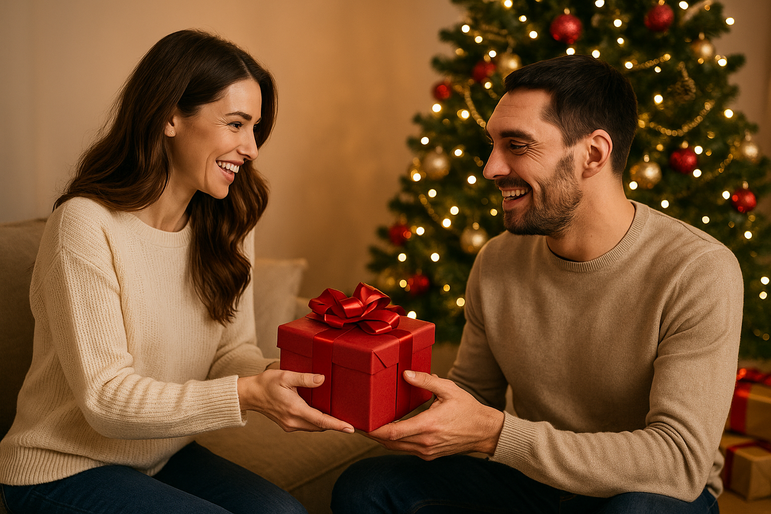 Woman giving a Christmas gift to a man by the tree